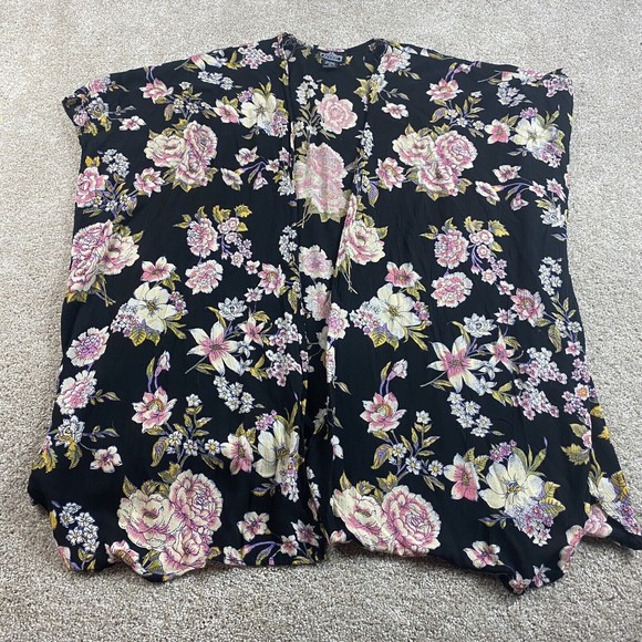 Angie Tops - Angie Womens Floral Boho Kimono Duster L Black Rayon Festival Flowy